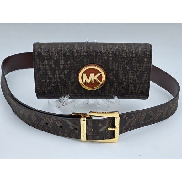 Michael Kors Signature Monogram Wallet + XL MK Logo Belt Bundle - Picture 1 of 10